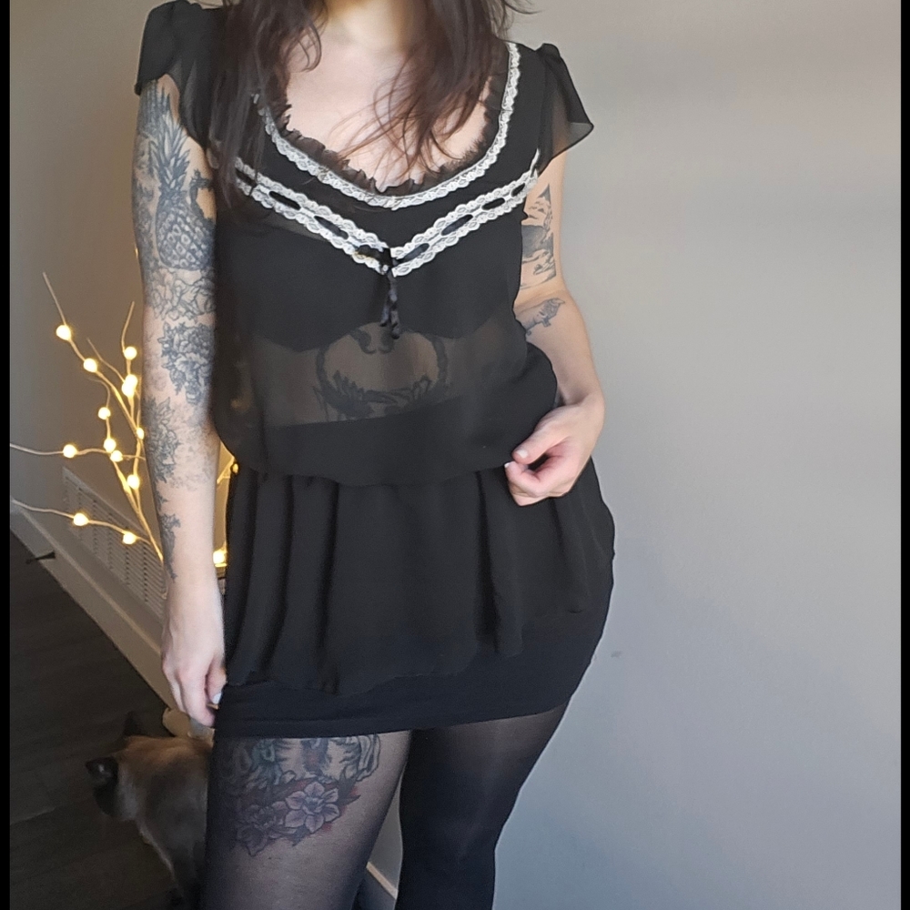 Black Sheer Lace Trim Blouse
